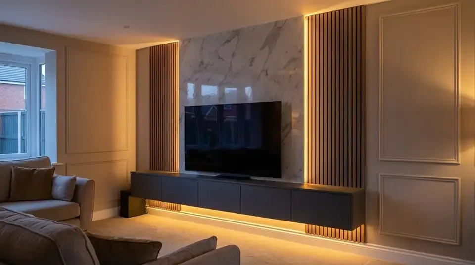 Mermer panelli ahşap çıtalamalı gizli ışıklı TV ünitesi tasarımı 2026