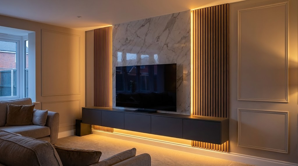 Mermer panelli ahşap çıtalamalı gizli ışıklı TV ünitesi tasarımı 2026
